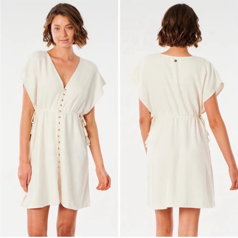 RIPCURL Dune Dress L White Boho Beach Cover Up Cotton Button Front Tassel Resort - Picture 2 of 13